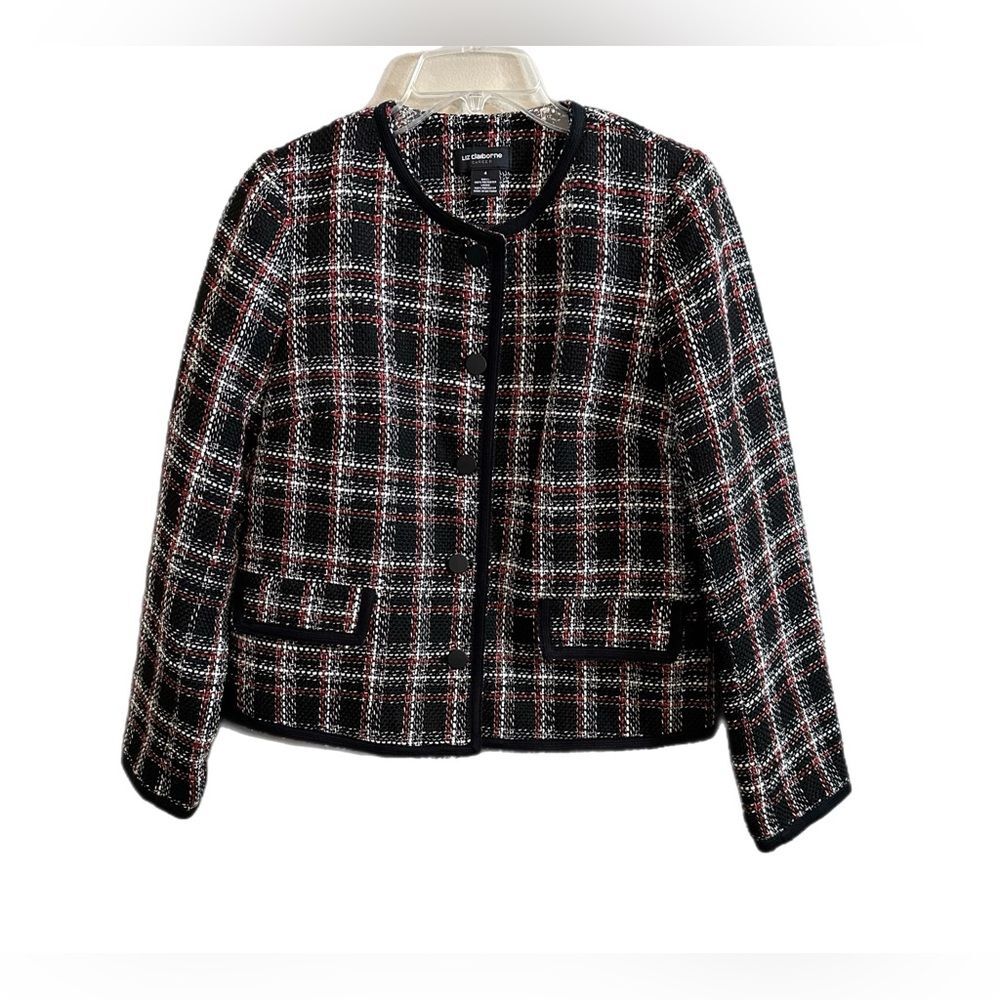Liz Claiborne Career Blazer Lined Black Red White Plaid Button Size 4